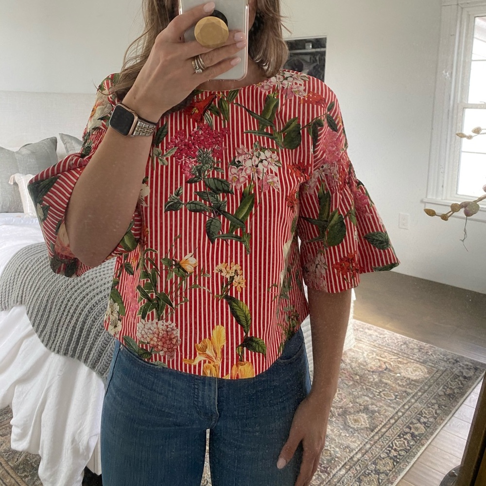 Zara Floral Red/White Striped Shirt